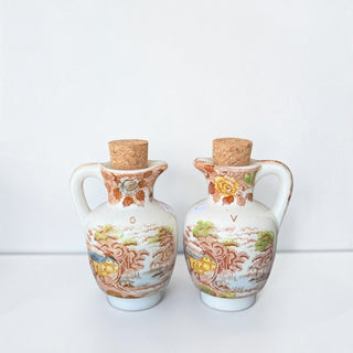 Her Good Eye vintage Nasco Japan ceramic oil and vinegar cruets with scenic house and tree transfer and cork stoppers