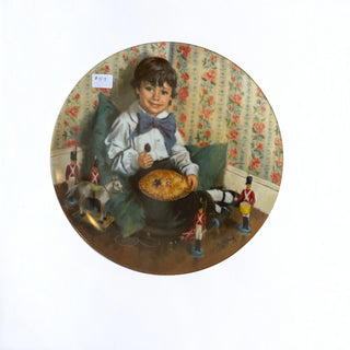 Her Good Eye vintage porcelain collector plate featuring a boy with toy soldiers and a pie in a floral room.