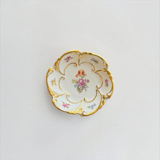 Her Good Eye vintage porcelain trinket dish with scalloped edges, gold gilding, and a hand-painted floral bouquet.