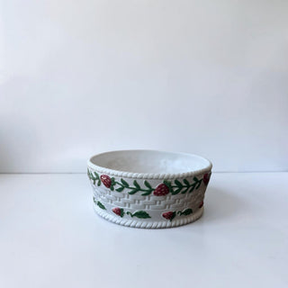 Her Good Eye white ceramic basket bowl with woven texture and strawberry vine detail