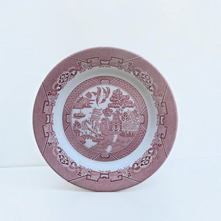 Her Good Eye ceramic dinner plate featuring a traditional cranberry red Willow pattern on a white background.